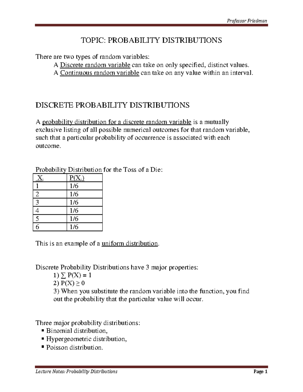 Probability Dist - Lecture notes - Professor Friedman TOPIC ...