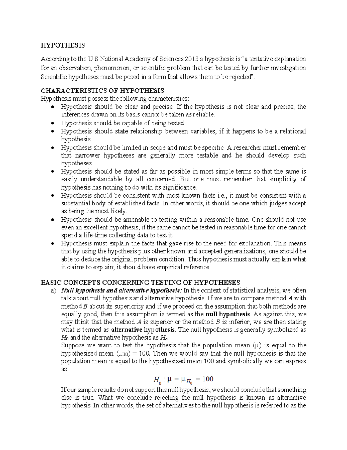 Unit II: Characteristics and Testing of Hypotheses in Research - Studocu
