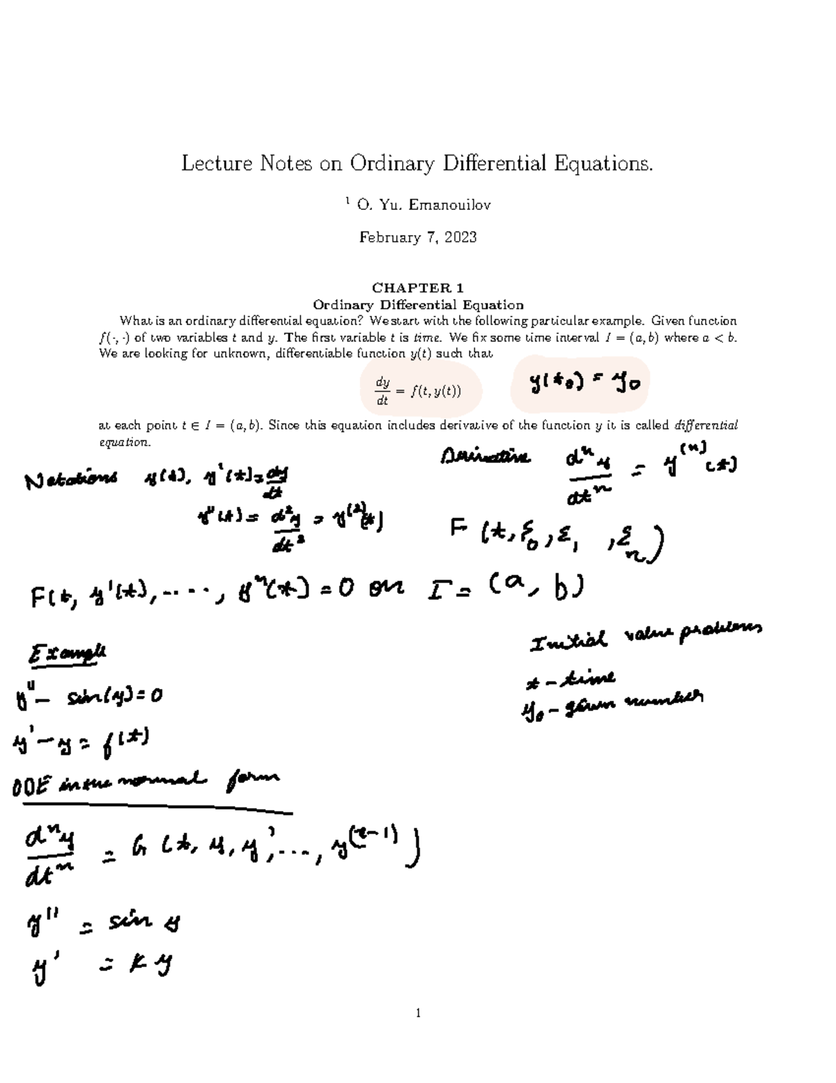 Lecture Notes on Ordinary Differential Equations (ODE) - Chapter 1 ...