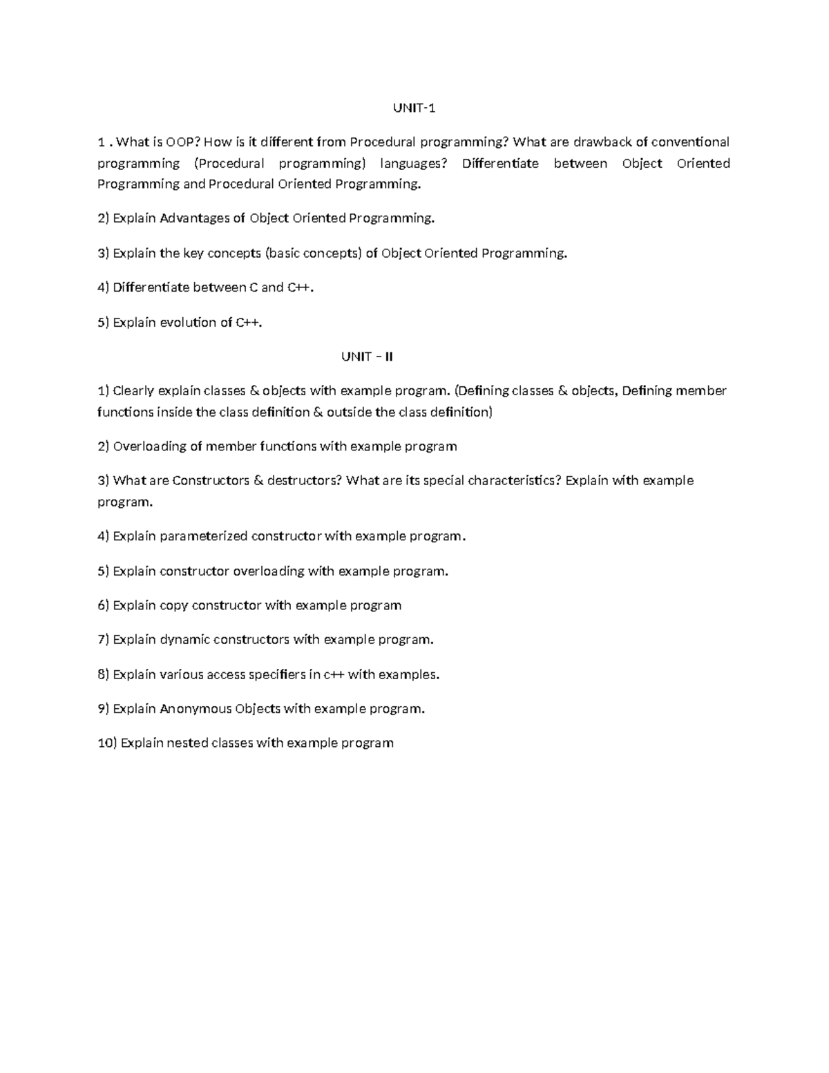 C++ - Important Questions for Unit 1 & 2 on OOP Concepts - Studocu image.
