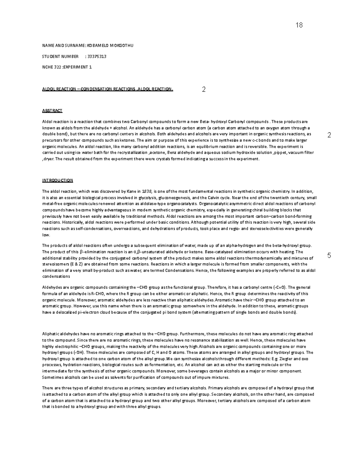 NCHE 322: Experiment 1 - Aldol Reaction and Condensation Synthesis ...