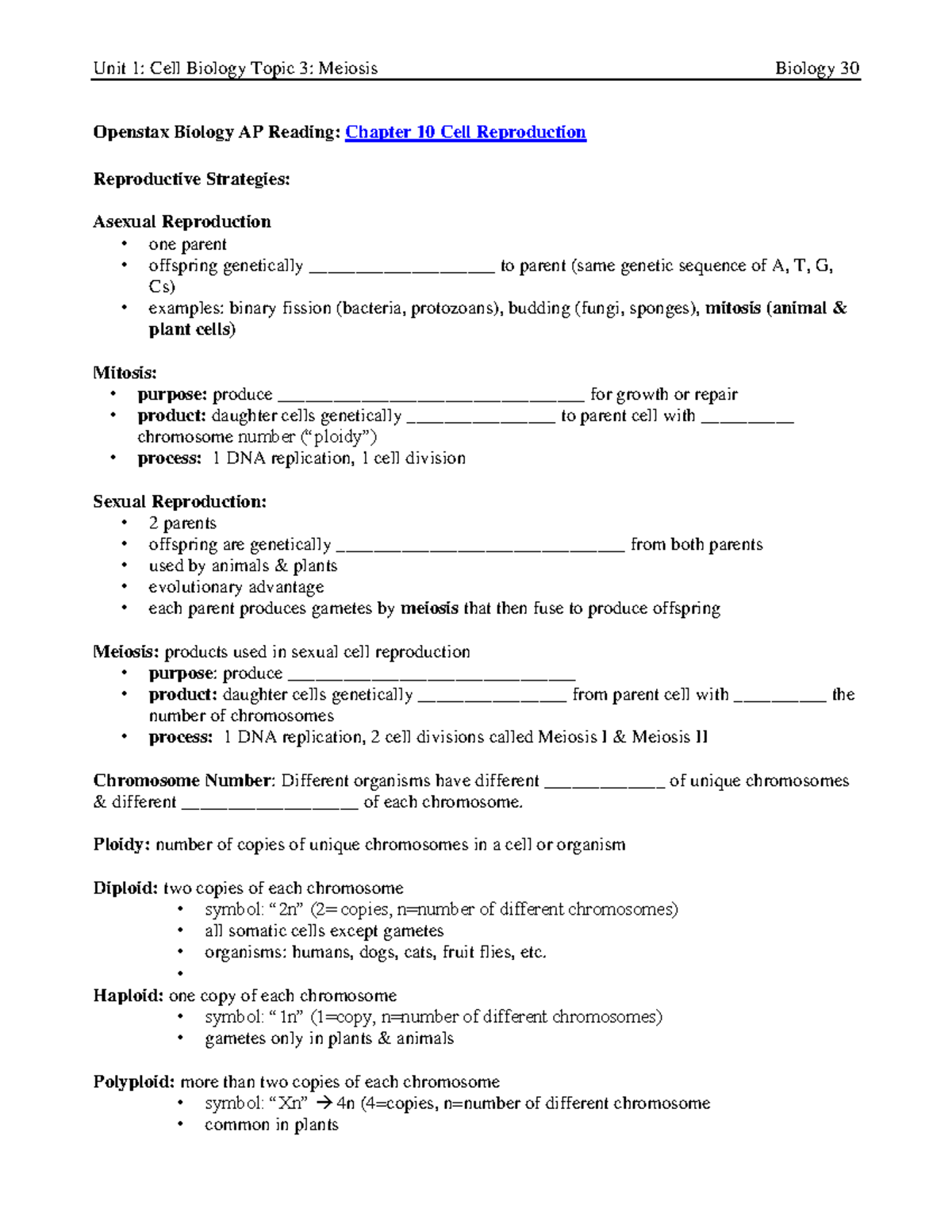 1.3 Meiosis Notes - Openstax Biology AP Reading: Chapter 10 Cell ...