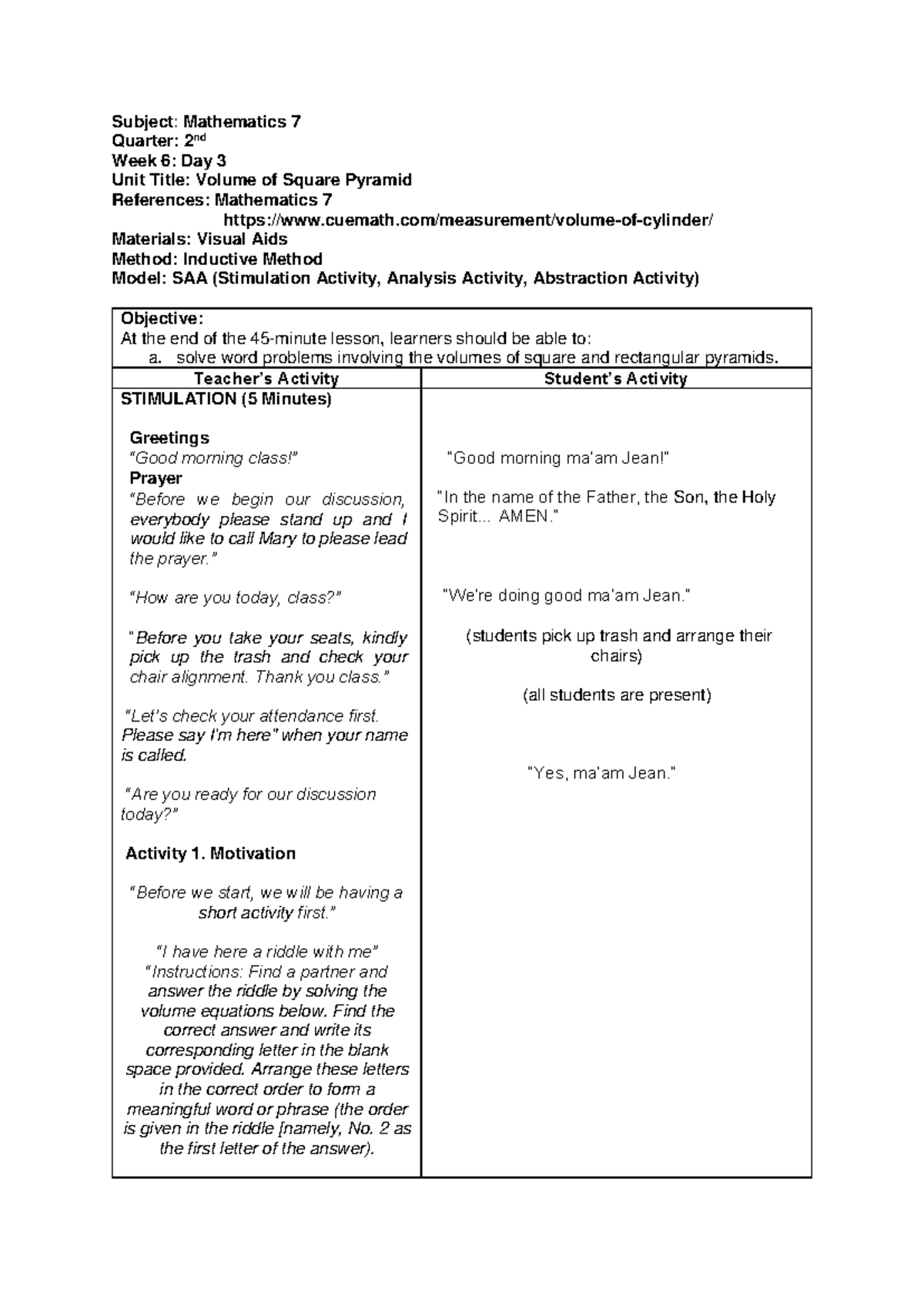 W6-D3 - Lesson plan for grade 7 mathematics - Subject: Mathematics 7 ...