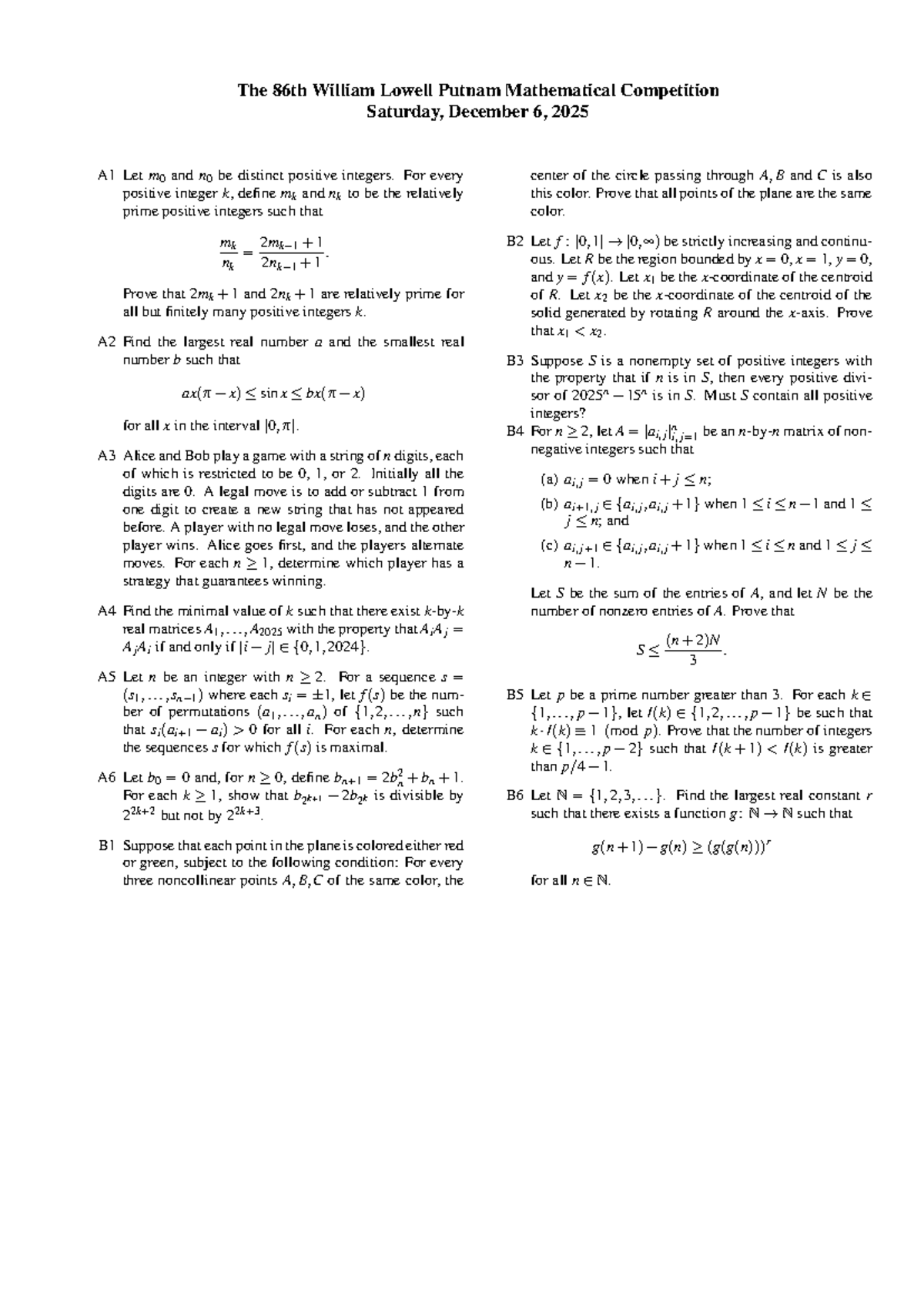 2025 - The 86th William Lowell Putnam Math Competition Problems - Studocu