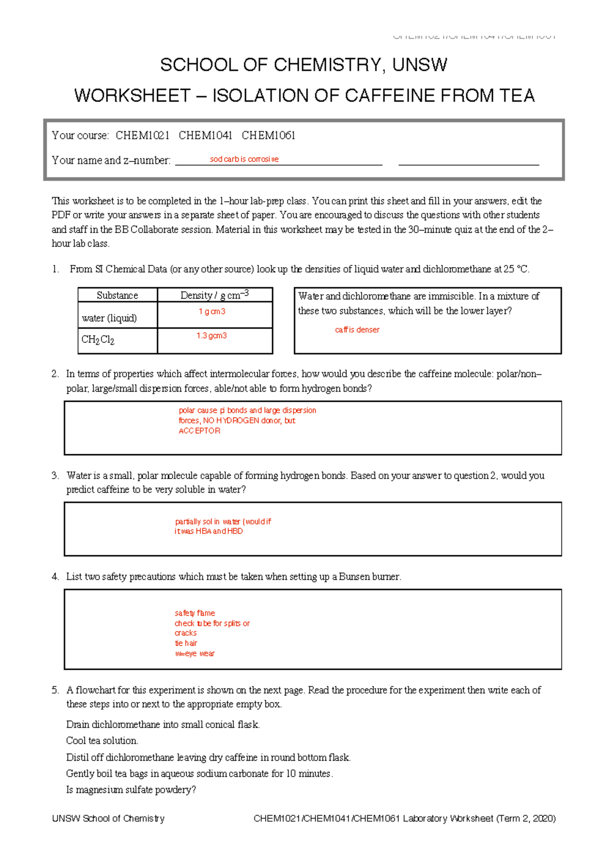 CHEM10 21 Lab Worksheet: Isolation of Caffeine from Tea - Studocu