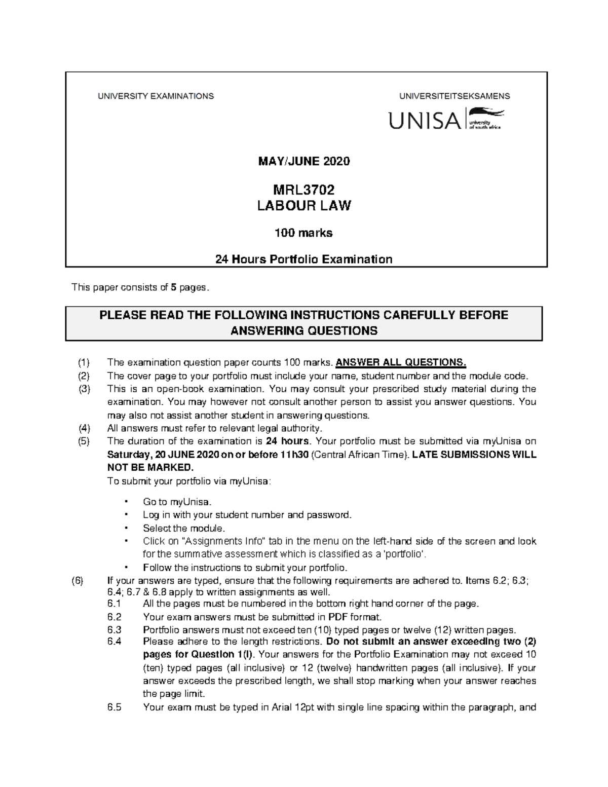 Labour Law Portfolio Examination MRL 3702 May/June 2020 - Studocu