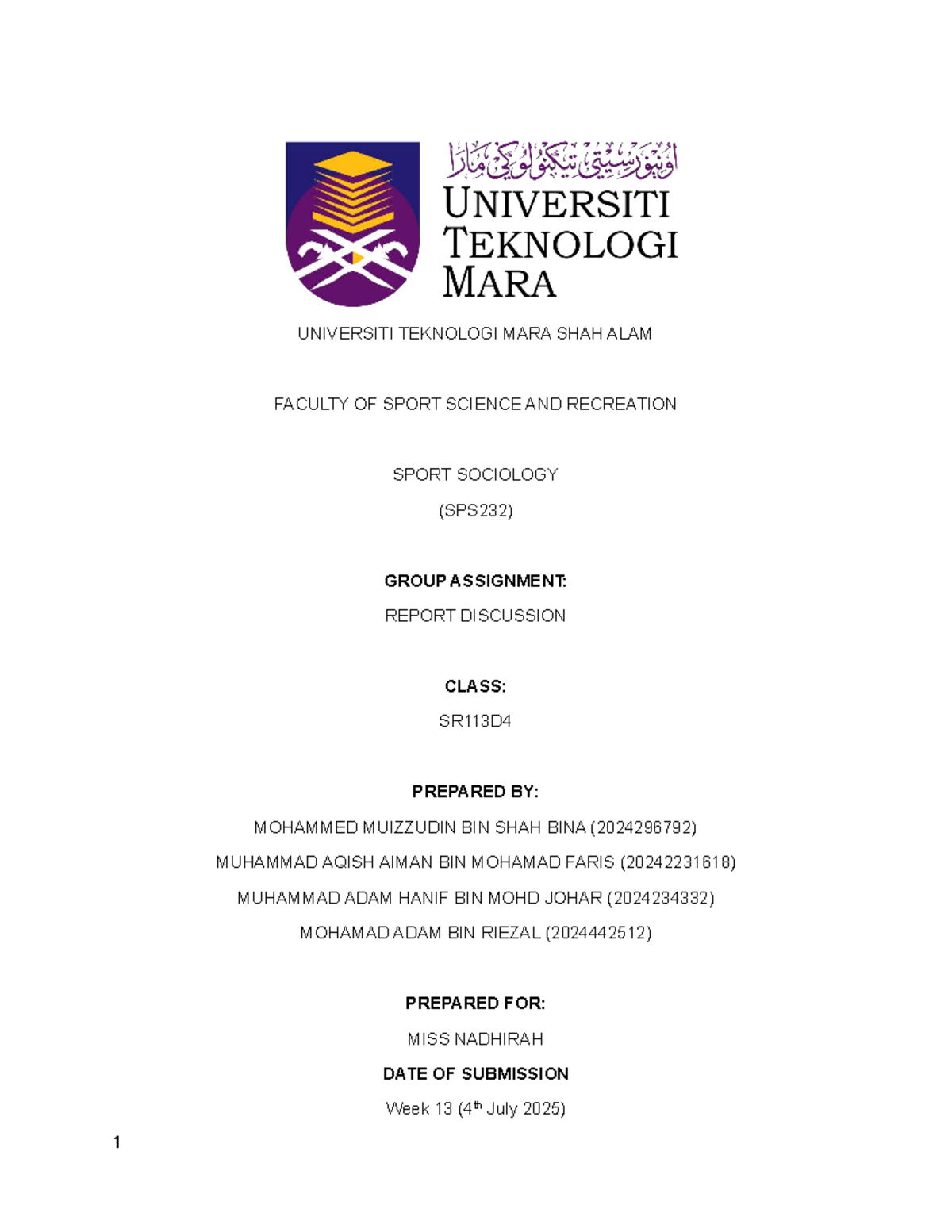 SPS232 Group Assignment: Report on Malaysia Hockey Confederation - Studocu