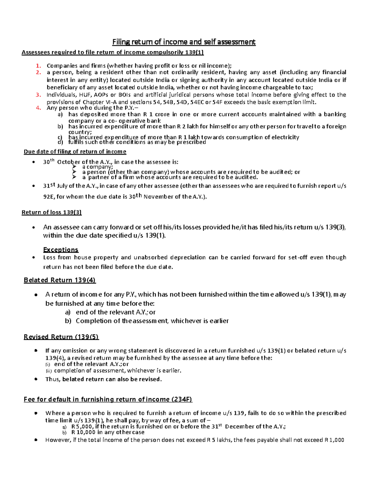 Direct Tax Return Filing Easy Notes for Quick Reference - Studocu