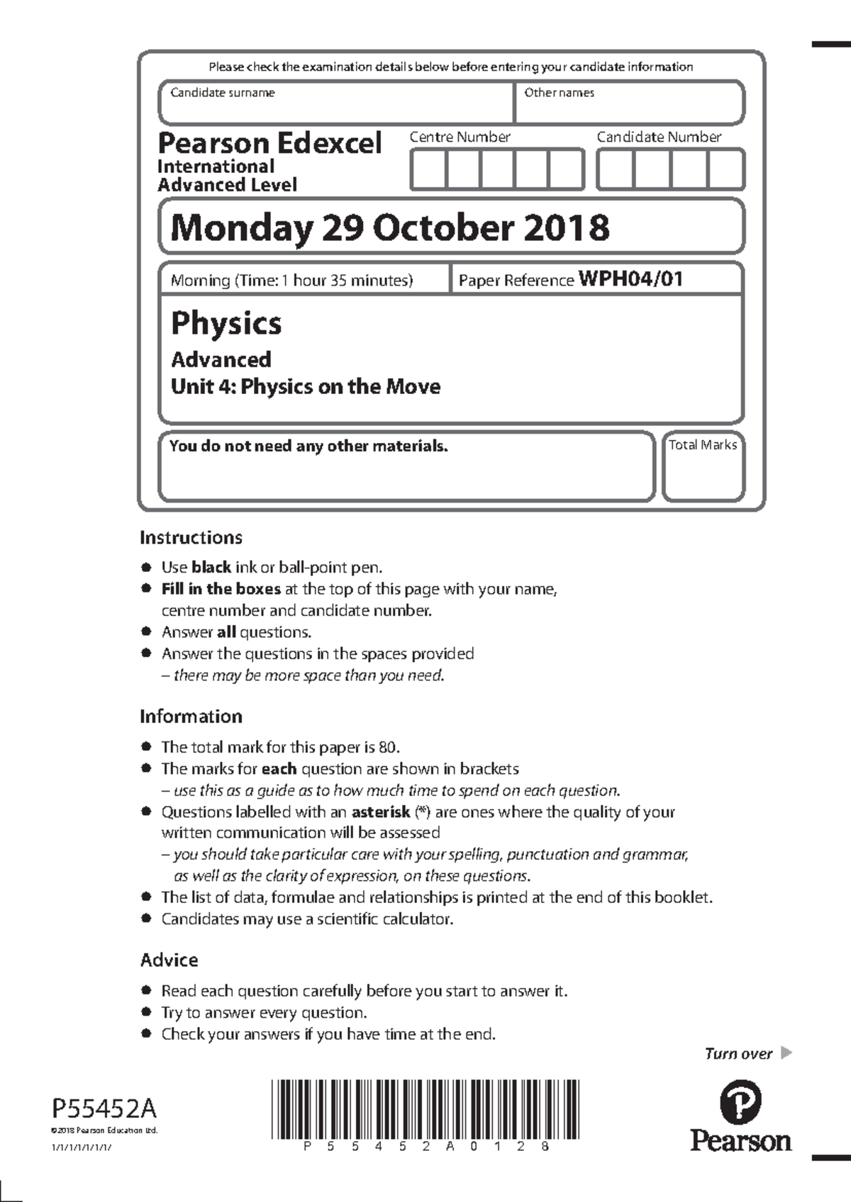 October 2018 IAL Physics Unit 4 Exam Paper - Edexcel - Studocu