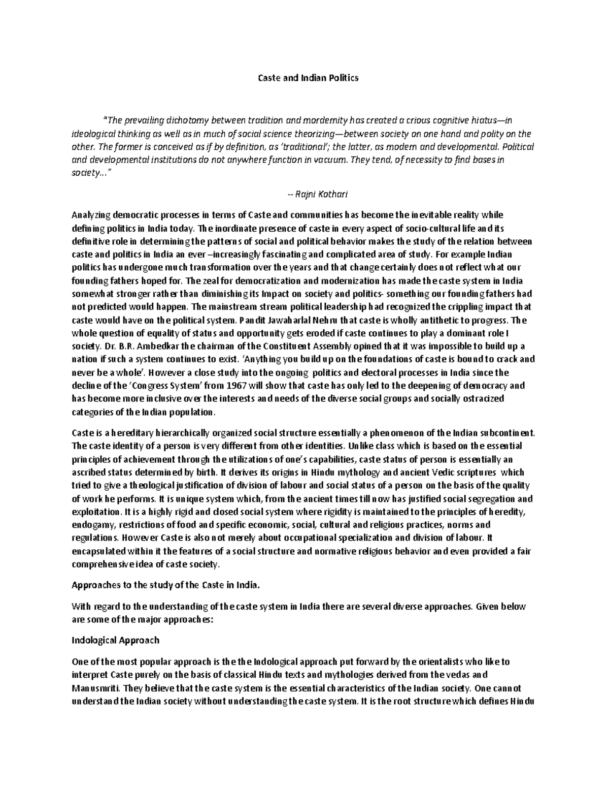 Caste and Indian Politics: A Comprehensive Analysis for SOC101 - Studocu