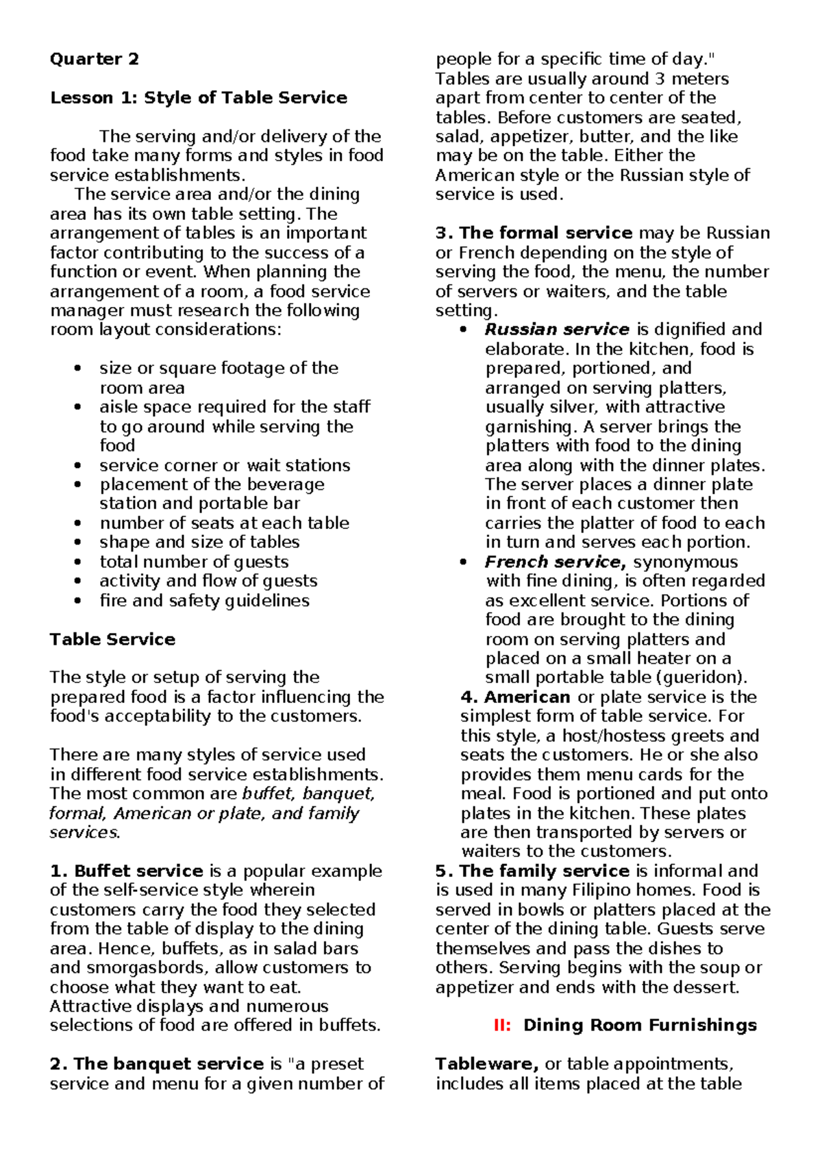 Quarter 2 Lesson 1: Styles of Table Service and Setup Techniques - Studocu