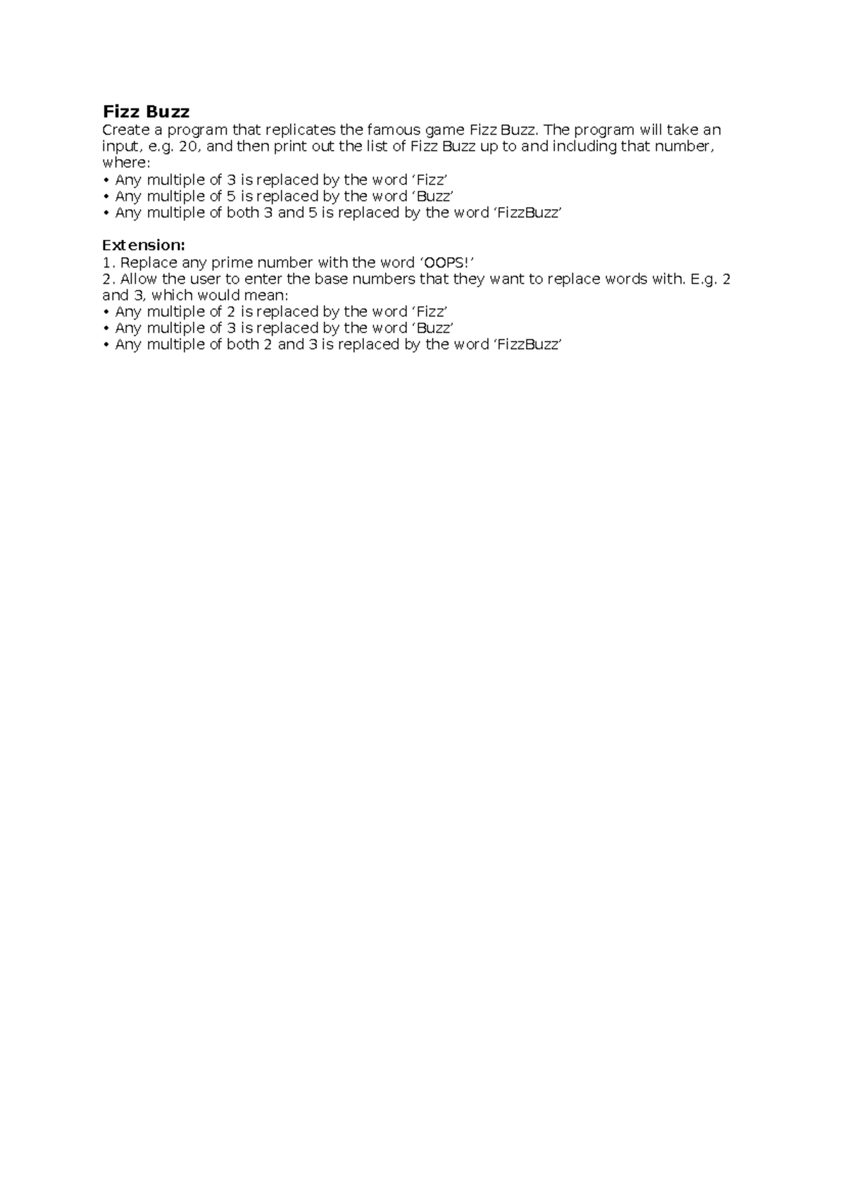 Fizz Buzz Program Practice Question: Coding Challenge - Studocu
