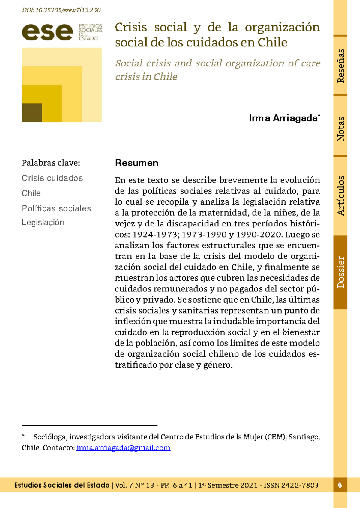 Crisis social y de la organización social de los cuidados en Chile ...