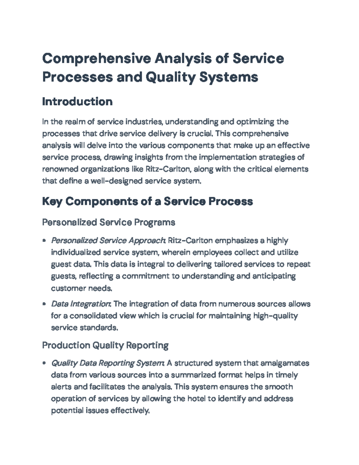 Comprehensive Analysis of Service Processes and Quality Systems ...