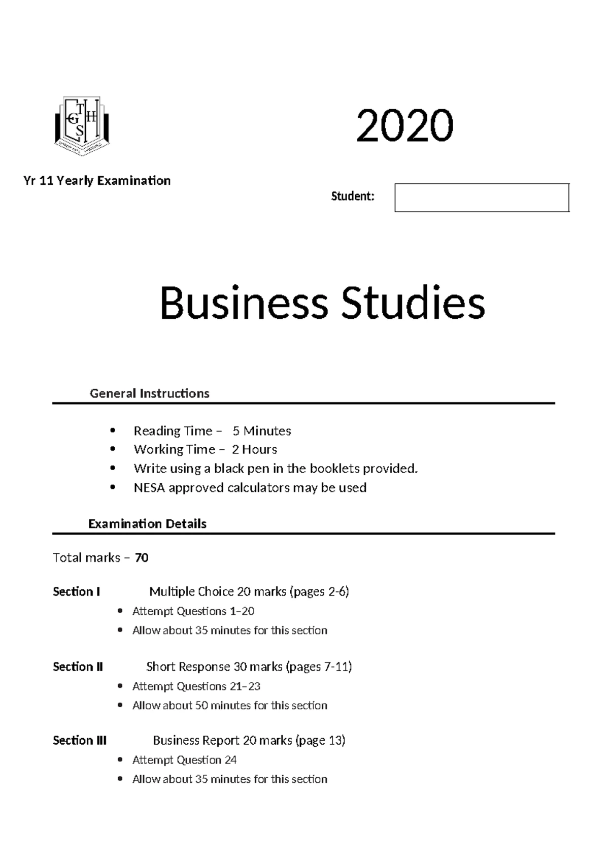 Year 11 HSC Business Studies - 2020 Exam Paper Analysis - Studocu