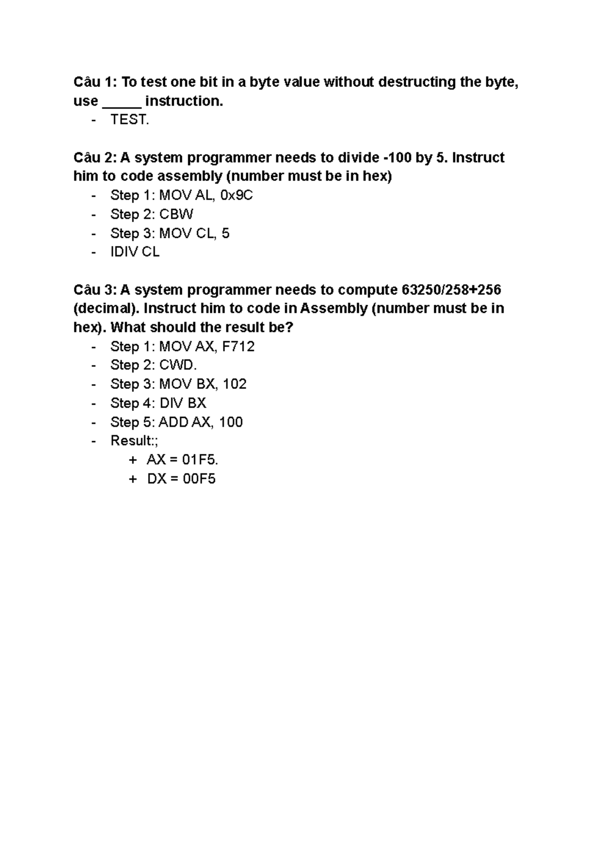 Tài liệu ôn tập Assembly Language (CS101) - Câu hỏi và hướng dẫn - Studocu