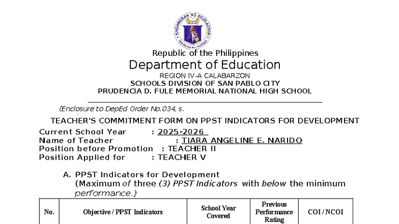 DO s2025 034r - Commitment Form on PPST Indicators for T. Narido - Studocu