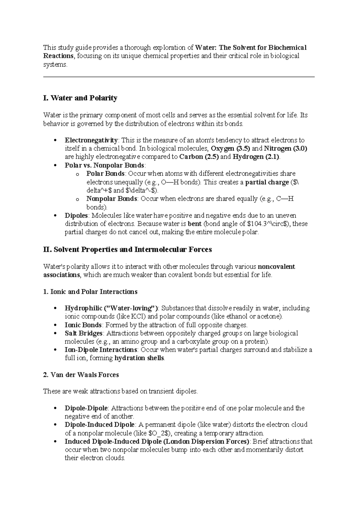 Chapter 2 Summary - Notes for Biochem (BIOL 101) on Water Properties ...