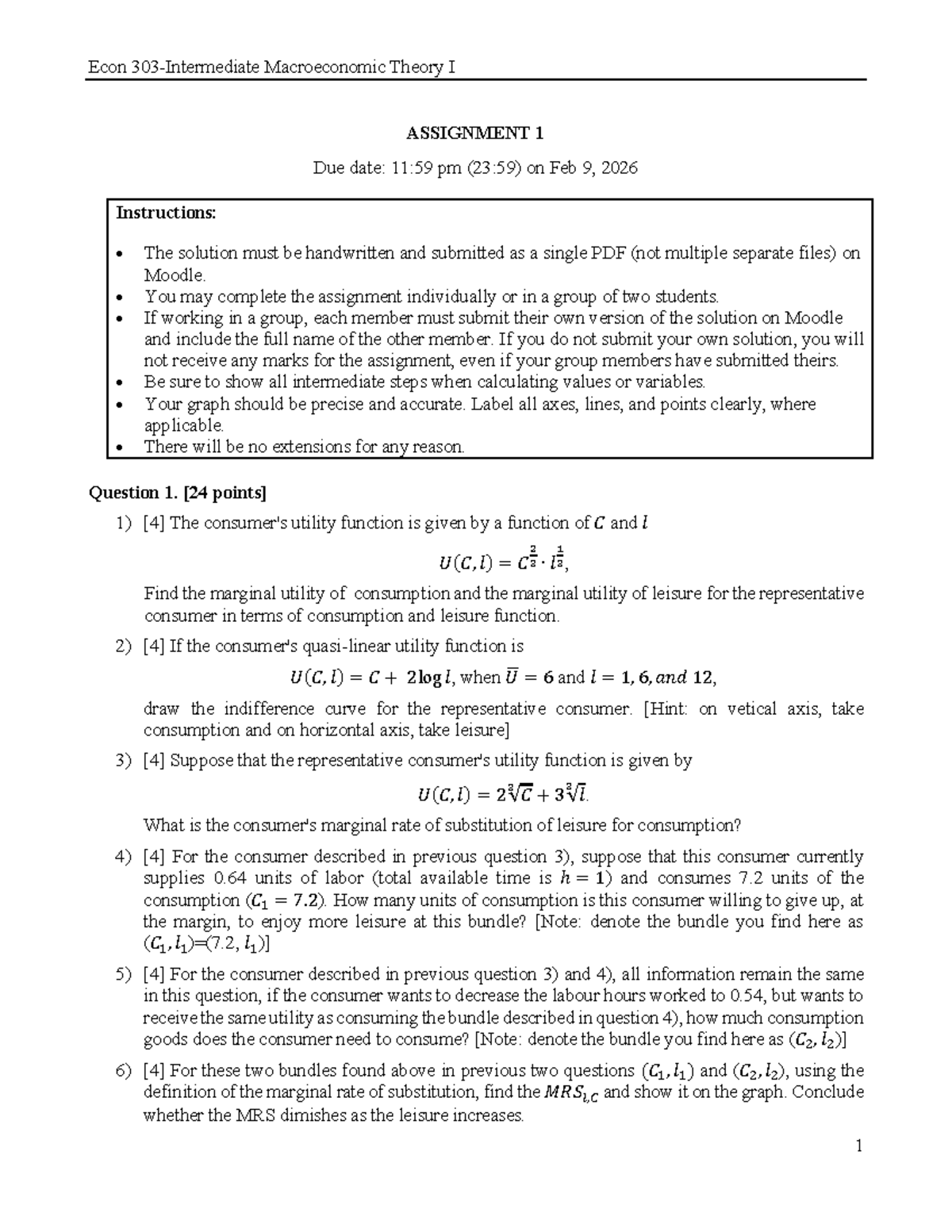 ECON303K Macroeconomic Theory I Assignment 1 - Winter 2026 - Studocu