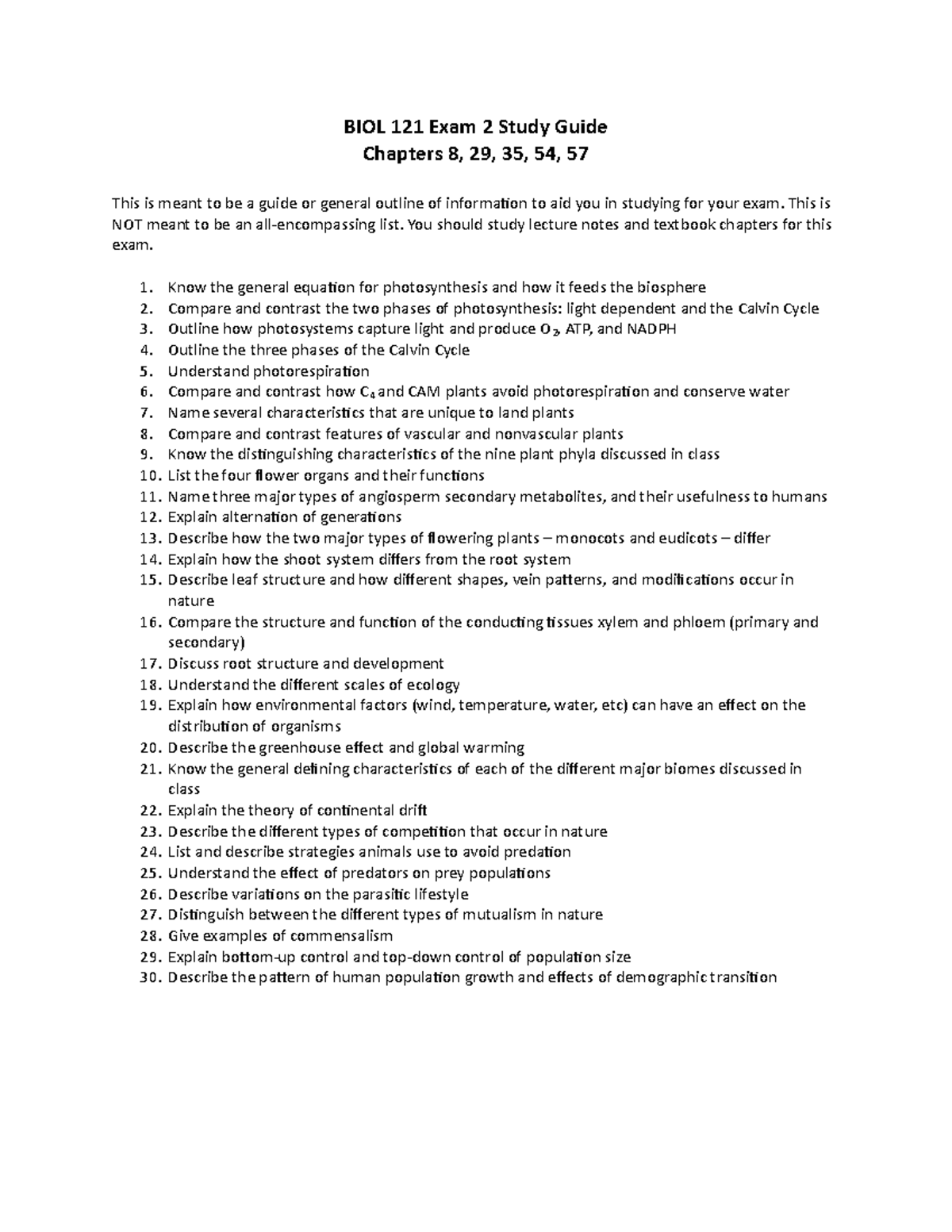 BIOL 121 Exam 2 Study Guide: Key Concepts & Topics to Review - Studocu