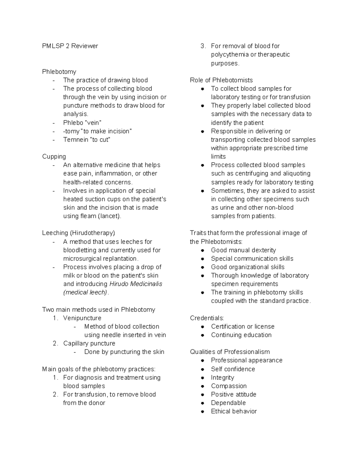 PMLS 2 Phlebotomy Reviewer: Techniques, Roles, and Professional Traits ...