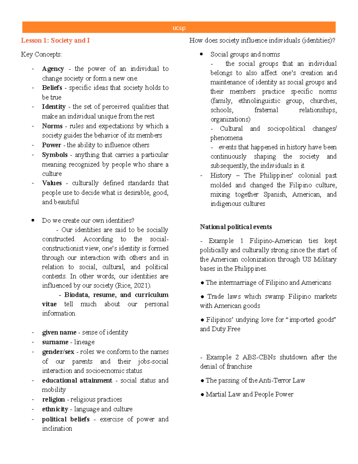 UCSP Lesson 1: Key Concepts in Society and Identity - Studocu