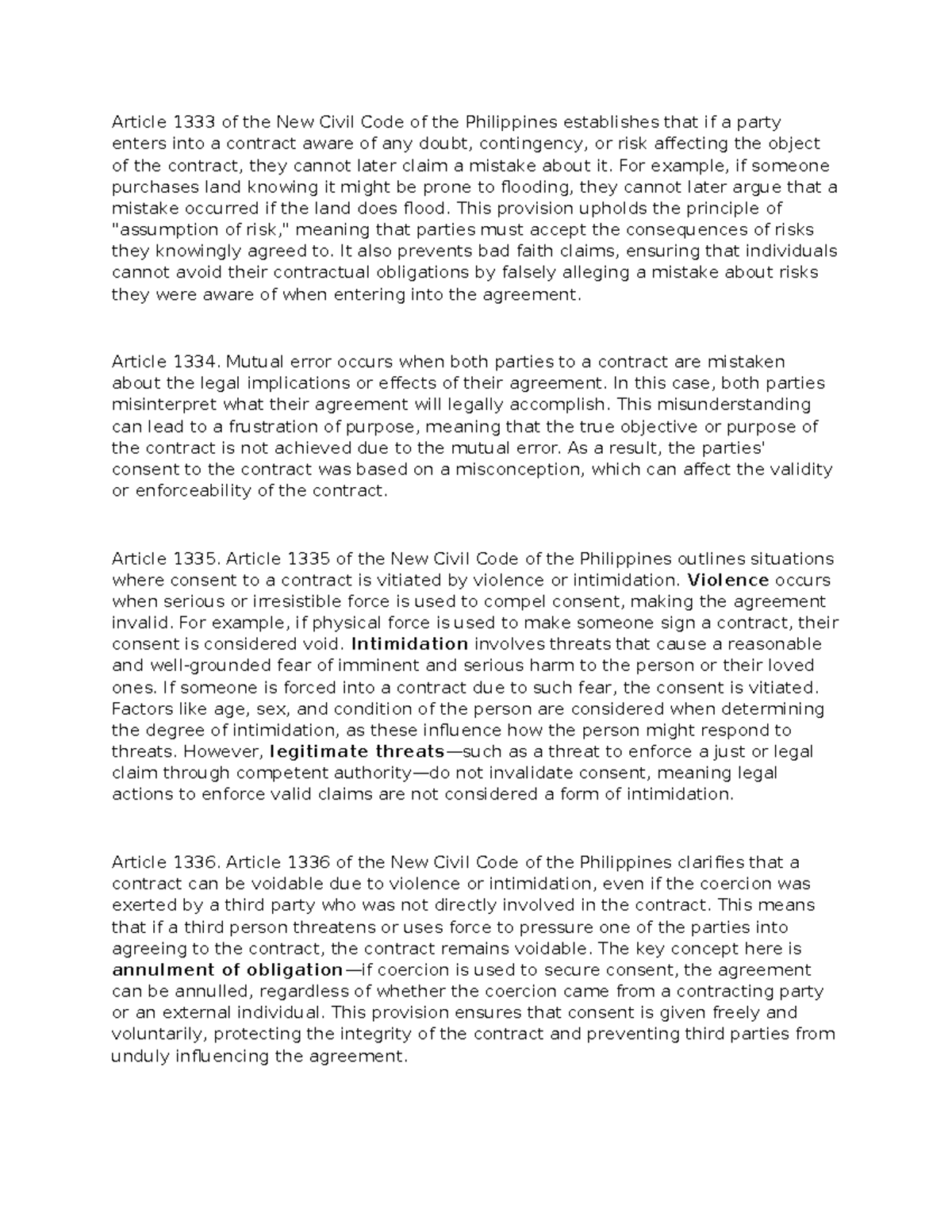 Analysis of Article 1333-1336, New Civil Code of the Philippines - Studocu