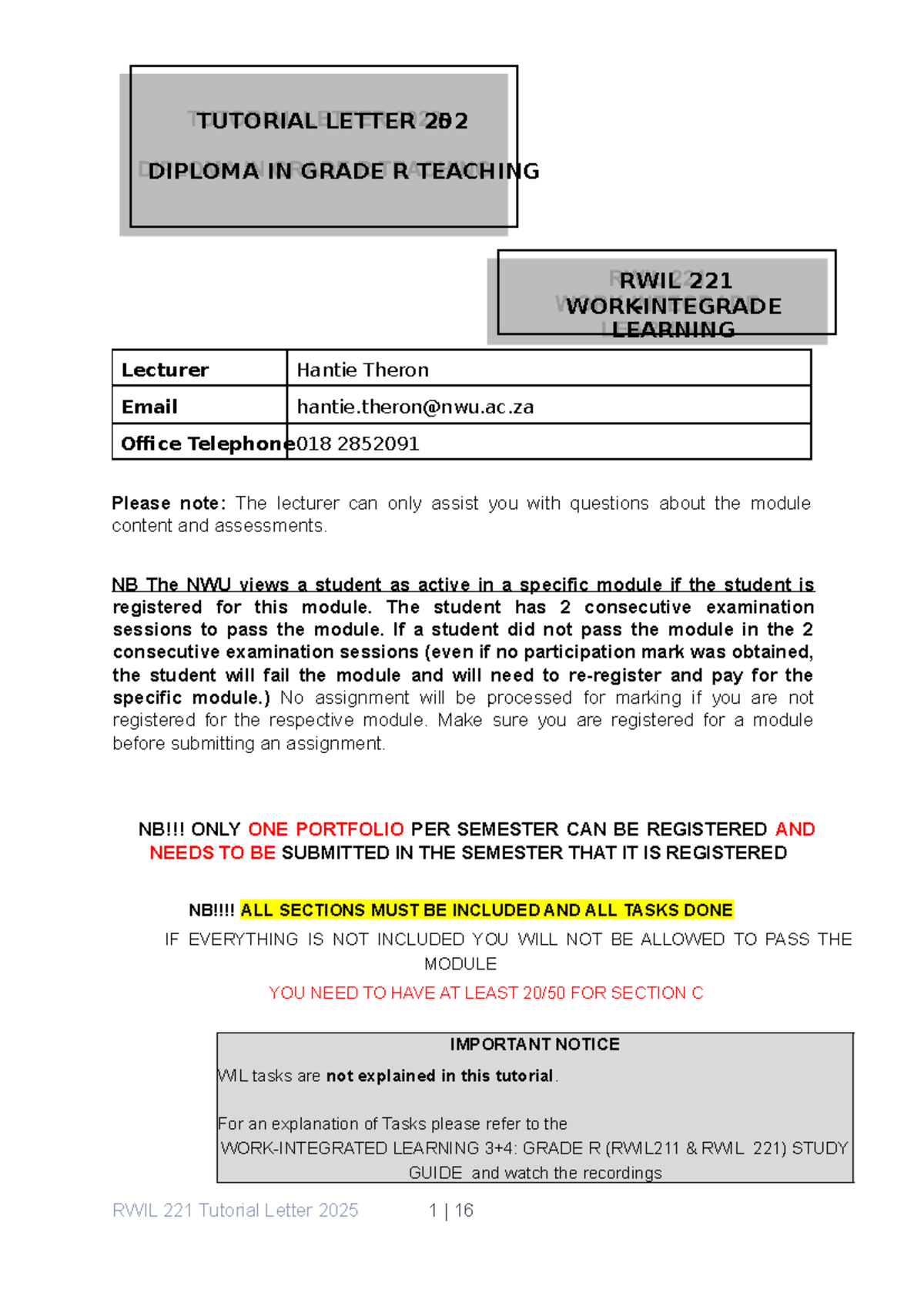 RWIL 221 Tutorial Letter 2025: Guidelines for Grade R Teaching Practice ...