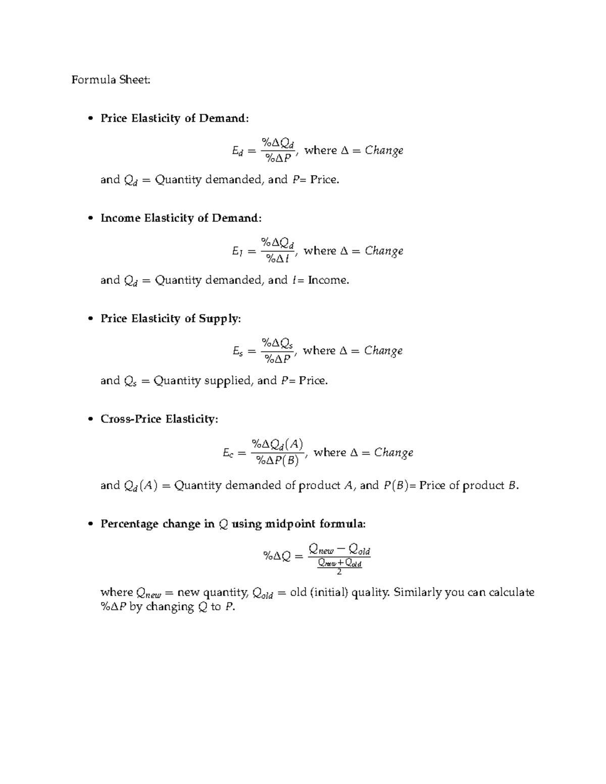 Formula Sheet-Midterm 1 - Formula Sheet: - Price Elasticity of Demand ...