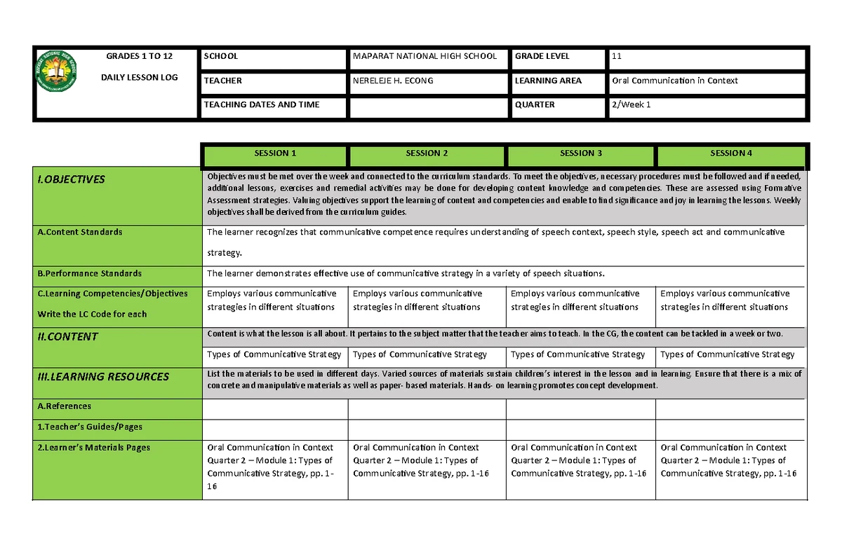 DAILY LESSON LOG: Oral Communication in Context - Grade 11 (Q2) - Studocu