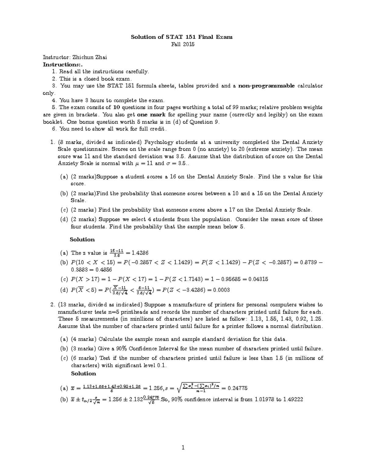 STAT 151 Final Exam Formula Sheet: Descriptive & Probability Measures ...