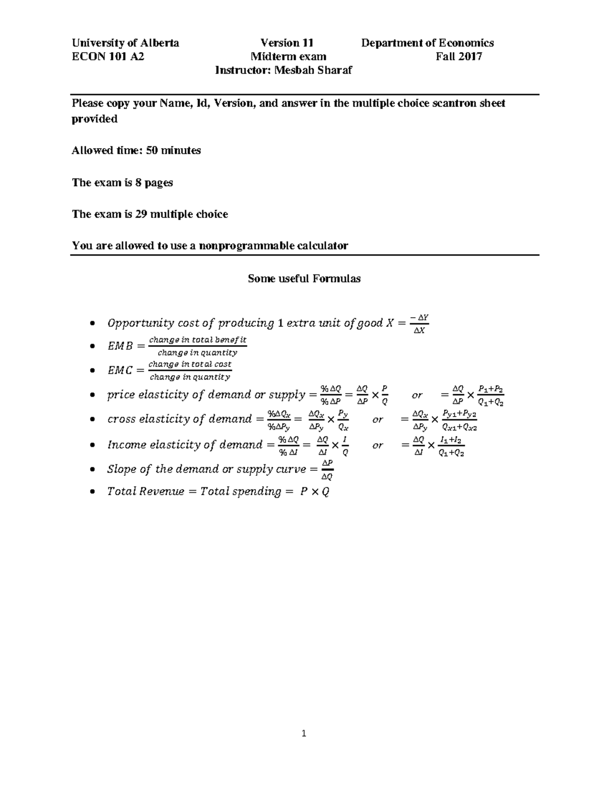 ECON 101 Midterm Exam A2 - University of Alberta, Fall 2017 - Studocu