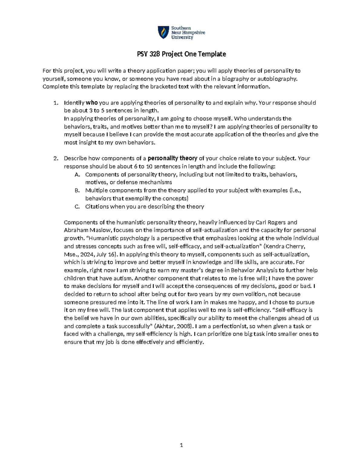 PSY 328 Project One: Applying Personality Theories to Self Analysis ...