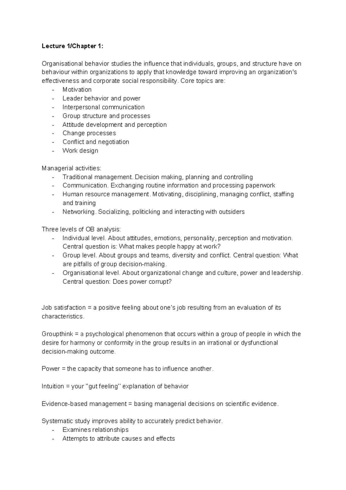 OB Lecture and Chapter Notes: Understanding Organizational Behavior ...