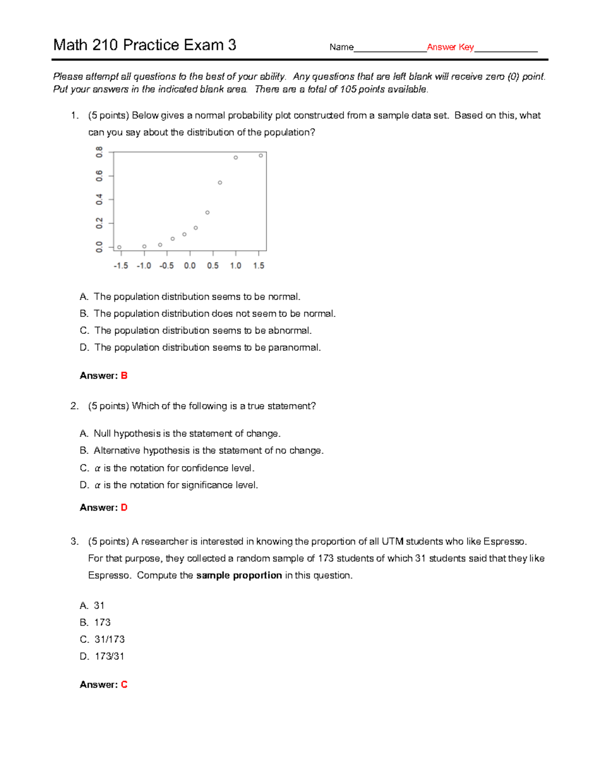 Math 210 Practice Exam 3 - Answer Key & Detailed Solutions - Studocu
