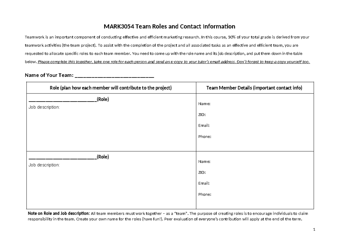 MARK3054 T1 2025 Project 01 Team Roles Assignment Sheet - MARK3054 Team ...