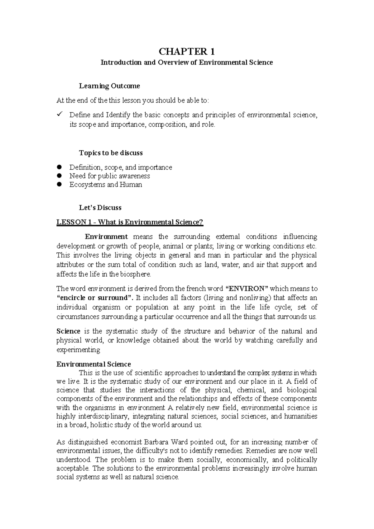 Chapter 1 - Intro to Environmental Science: Concepts & Importance - Studocu