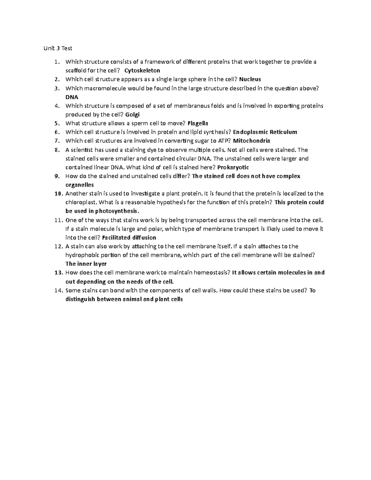 Biology Unit 3 Test Answers: Cell Structures & Functions - Studocu