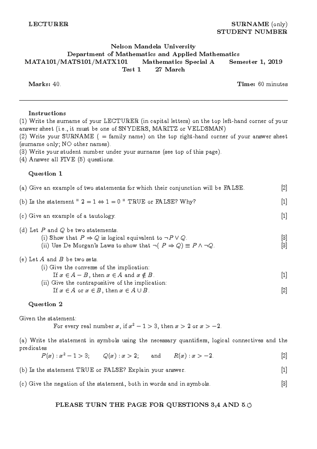 MATA101 Test 1 Exam Paper - Mathematics Special A Semester 1, 2019 ...