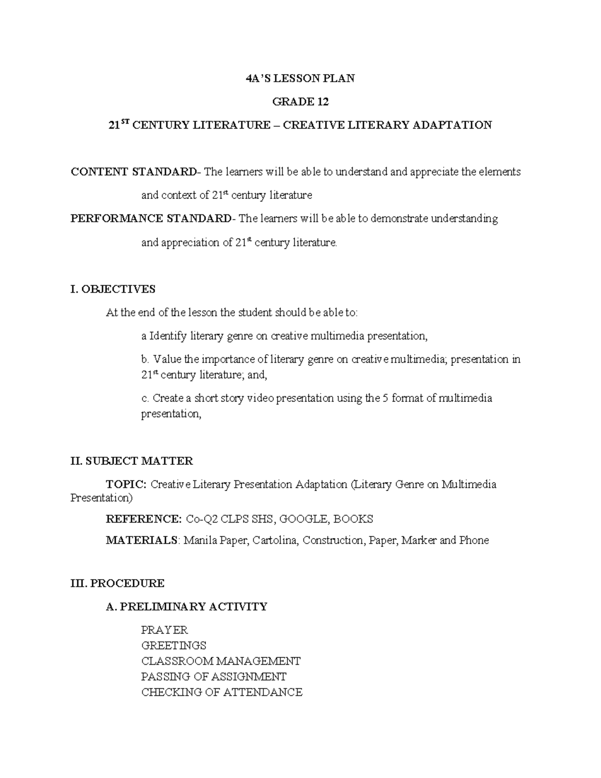 Creative Literary Presentation Plan: Grade 12 - 21st Century Lit - Studocu