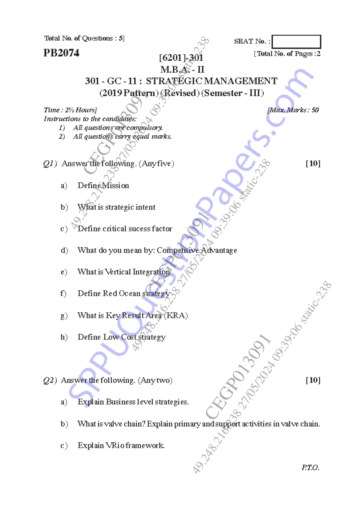 M.B.A. II 301 GC 11: Strategic Management Exam Questions (2019) - Studocu
