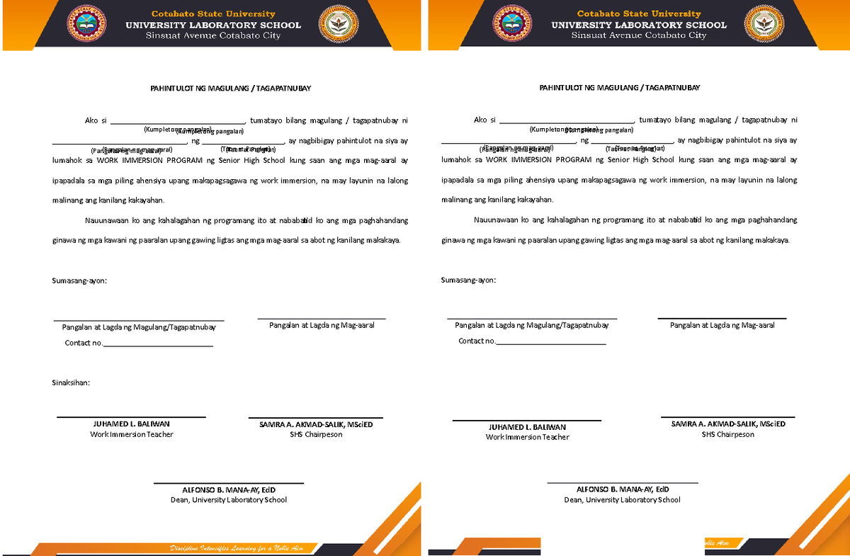 Final Consent Form for WORK IMMERSION Program - Studocu