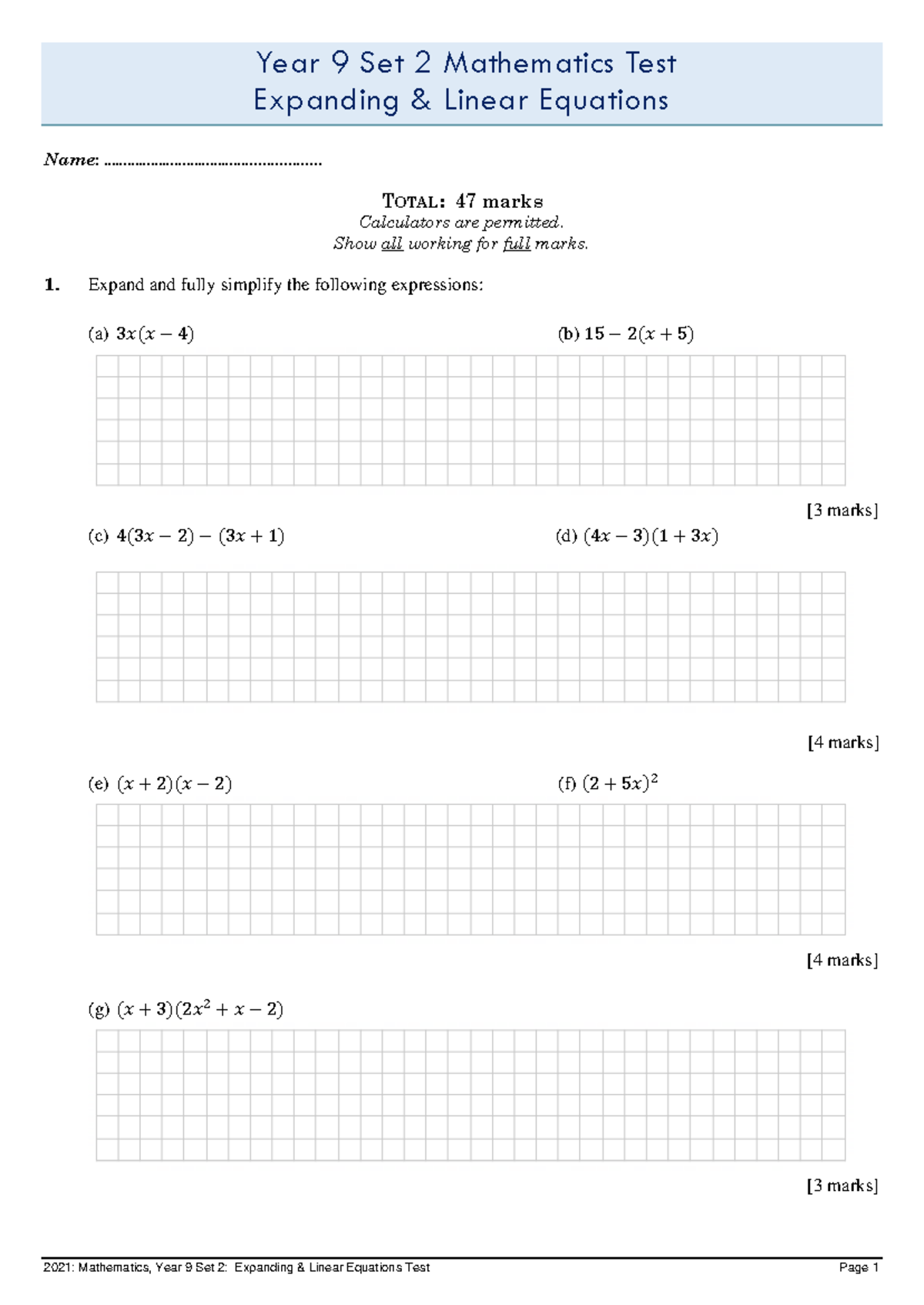2021 Year 9 Set 2 Mathematics Test: Expanding Linear Equations - Studocu