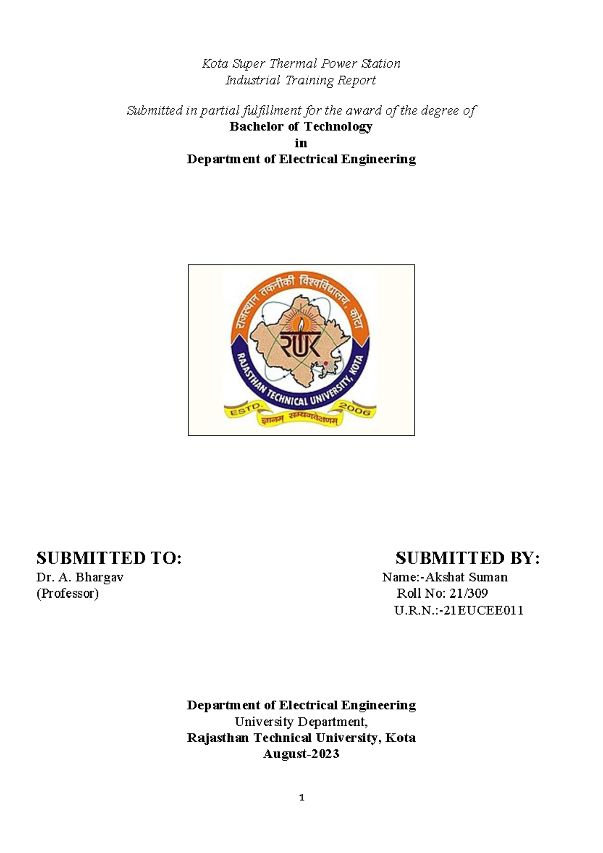 Industrial Training Report on Kota Super Thermal Power Station (B.Tech) - Document Preview