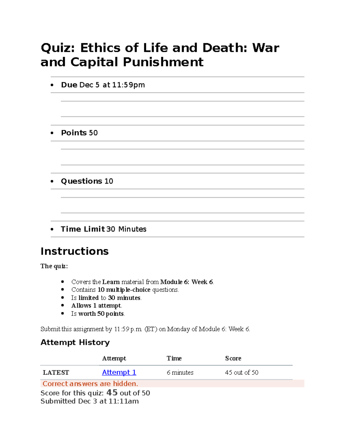Ethics 101 Quiz Week 6: War & Capital Punishment Insights - Studocu