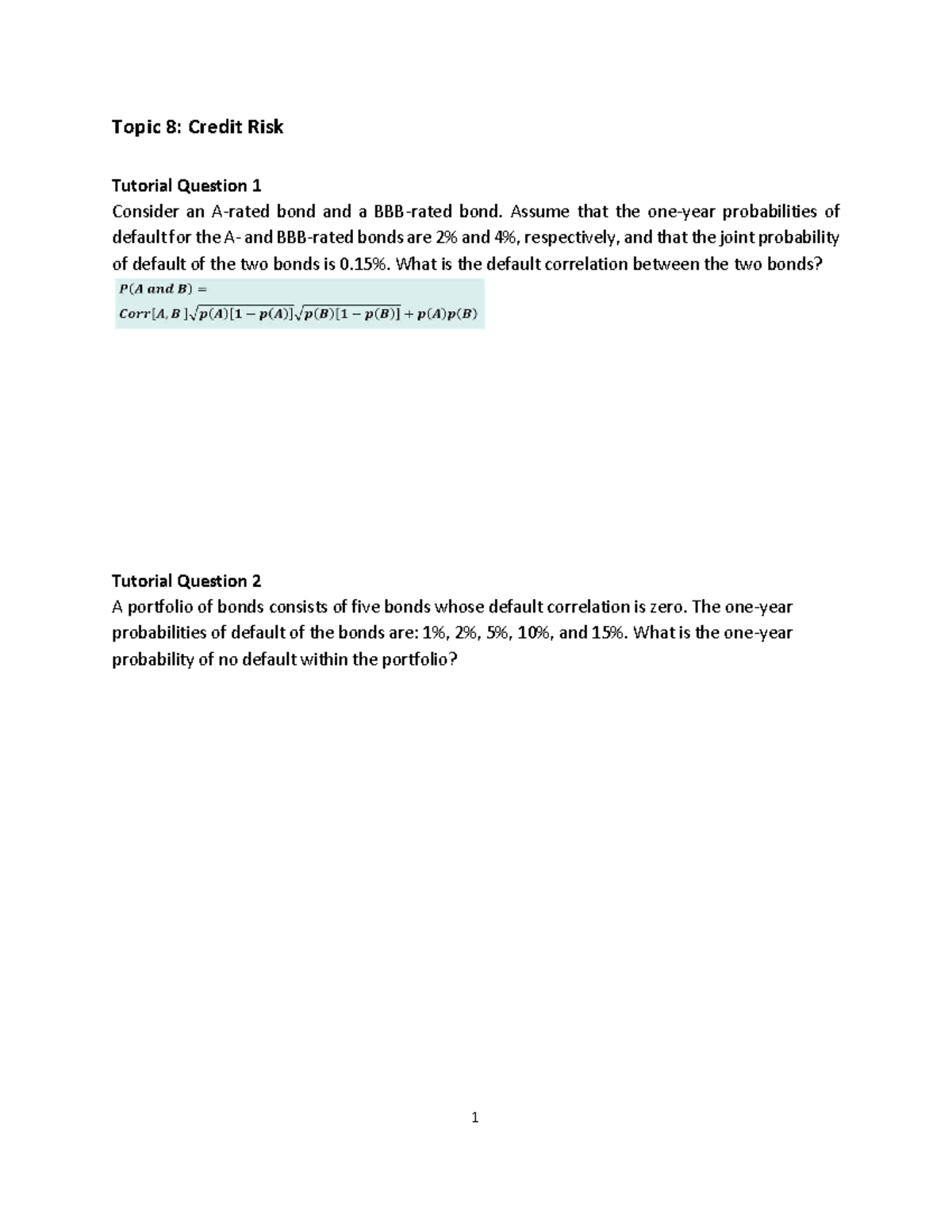 Topic 8: Credit Risk Tutorial Questions and Analysis - Studocu