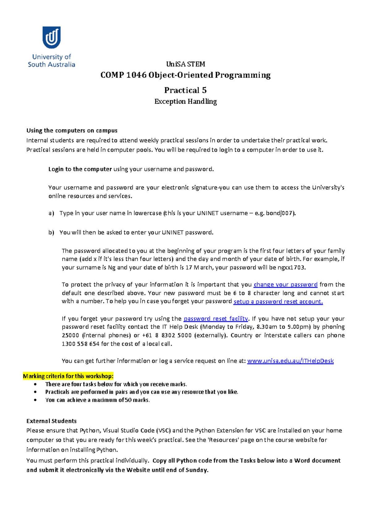 COMP 1046 OOP Prac 05 Exception Handling SOL - UniSA STEM COMP 10 46 ...