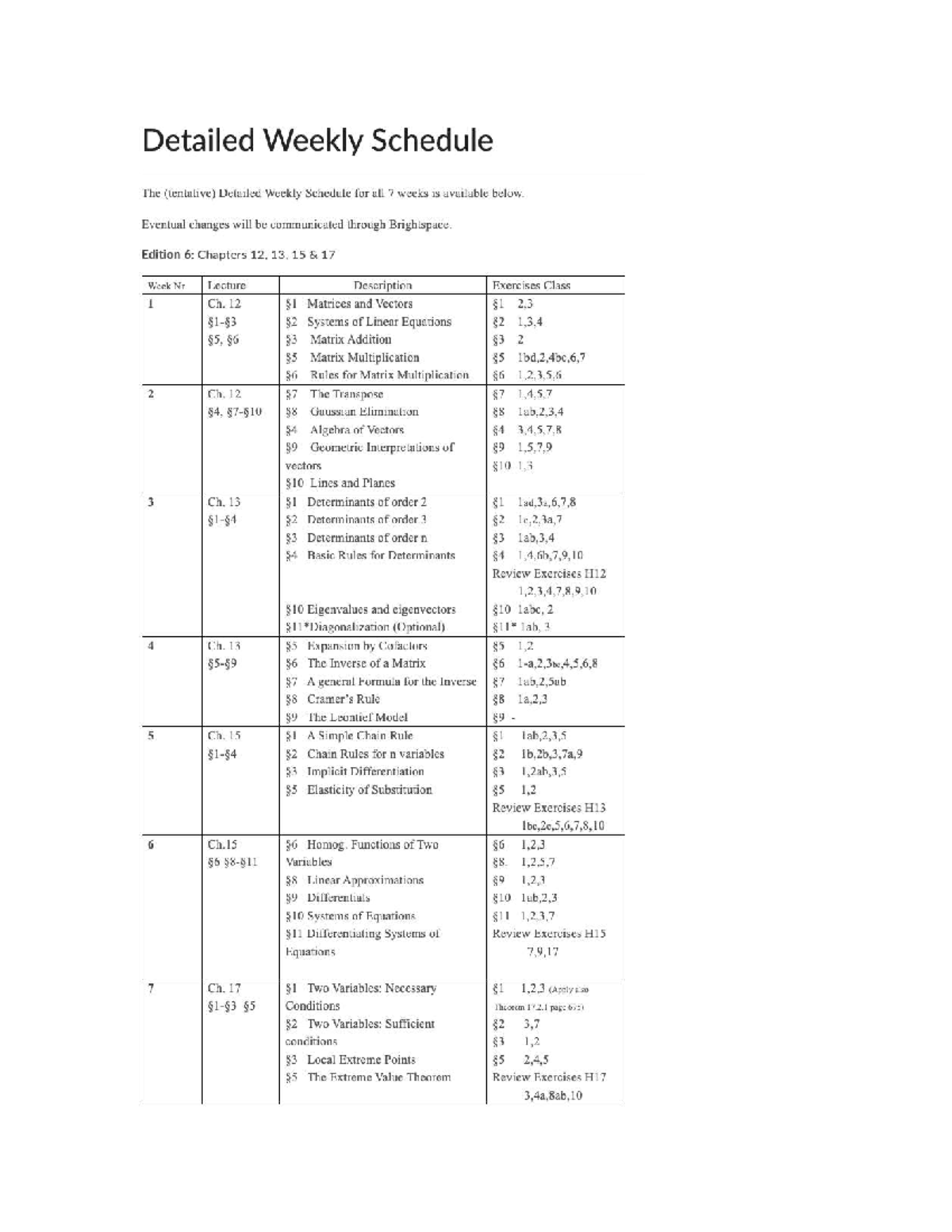 Weekly Schedule for Math 101: Chapters 12, 13, 15, 17 - Studeersnel