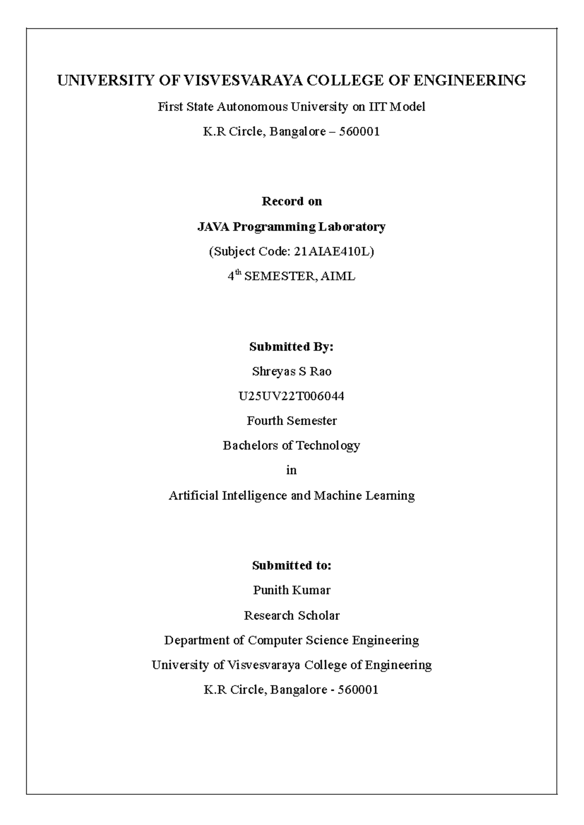 Java Programming Laboratory Record (Subject Code: 21AIAE410L) - Studocu