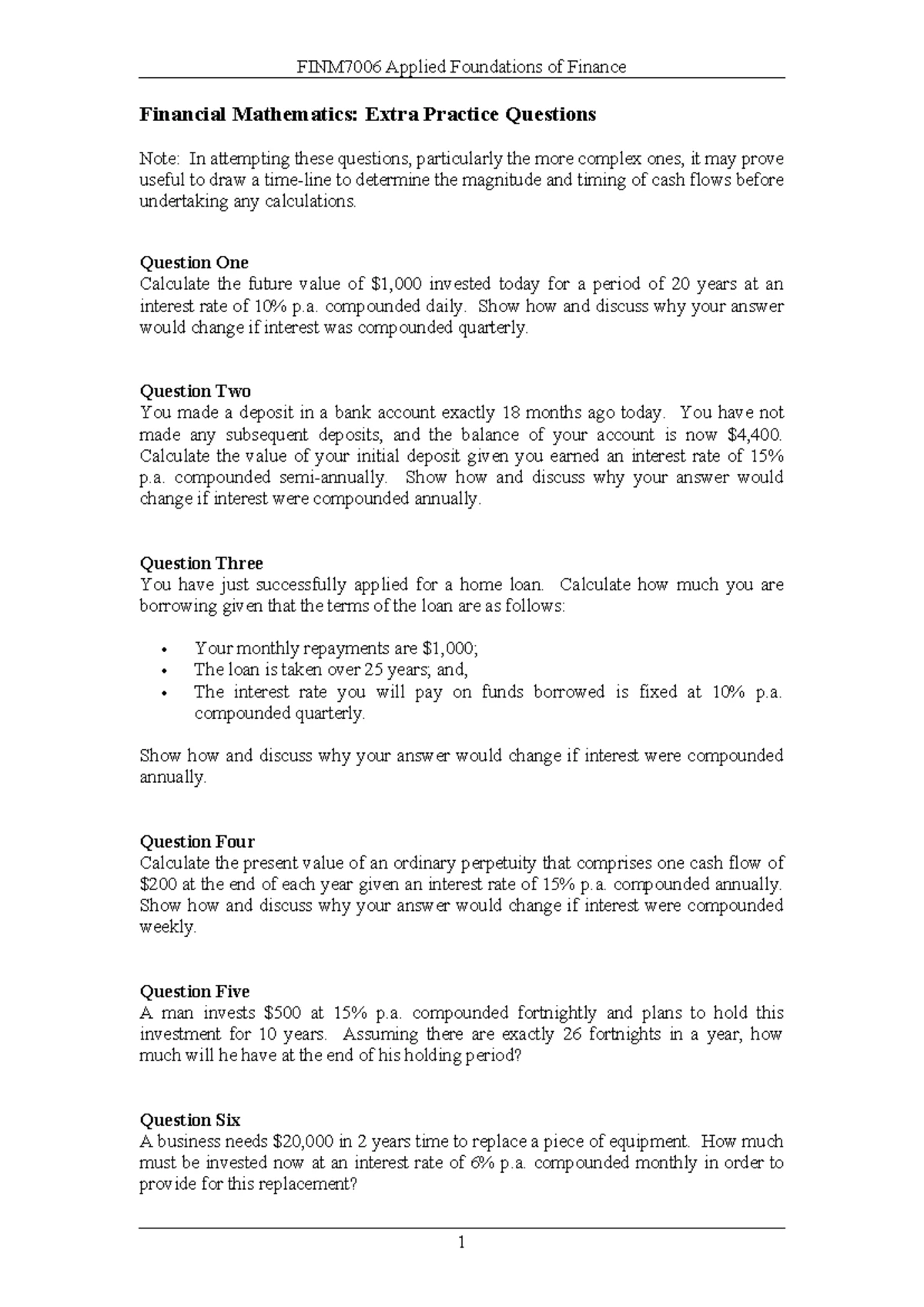 1b) Extra Financial Maths Solutions to Practice Questions 7006 ...